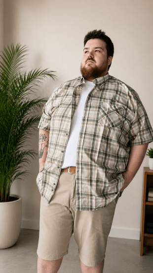 Kam Jeans 6339 Checked Short Sleeve Shirt Beige - Košile - Košile 2XL-10XL
