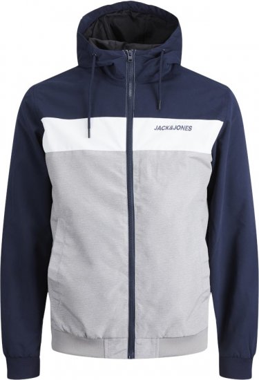 Jack & Jones RUSH White/Grey Blocking Bomber Jacket with Hood Navy Blazer - Bundy - Bundy Nadměrné Velikosti - 2XL-8XL