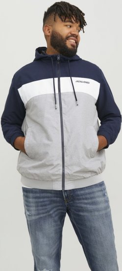 Jack & Jones RUSH White/Grey Blocking Bomber Jacket with Hood Navy Blazer - Bundy - Bundy Nadměrné Velikosti - 2XL-8XL