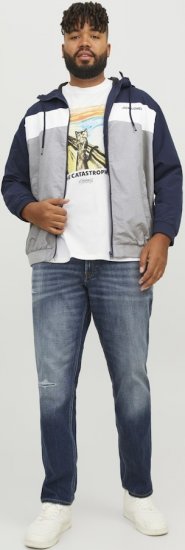 Jack & Jones RUSH White/Grey Blocking Bomber Jacket with Hood Navy Blazer - Bundy - Bundy Nadměrné Velikosti - 2XL-8XL
