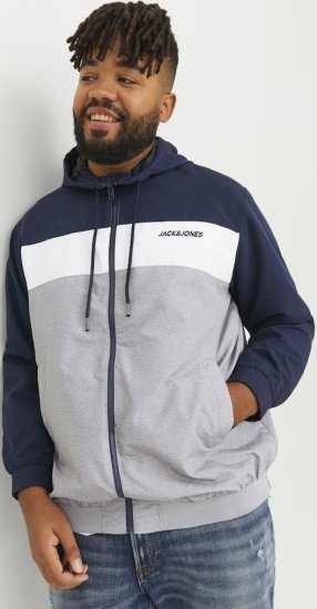 Jack & Jones RUSH White/Grey Blocking Bomber Jacket with Hood Navy Blazer - Bundy - Bundy Nadměrné Velikosti - 2XL-8XL