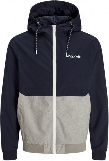 Jack & Jones RUSH White/Grey Blocking Bomber Jacket with Hood Dark Blue - Bundy - Bundy Nadměrné Velikosti - 2XL-8XL