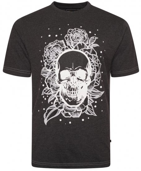 Kam Jeans 5704 Skull Rose Print Tee Charcoal - Trička - Trička nadměrné velikosti - 2XL-14XL