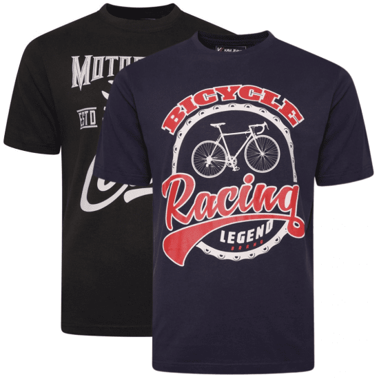 Kam Jeans 5712 Twin Pack Motorcycle/Cycle Print Tee Black and Navy - Trička - Trička nadměrné velikosti - 2XL-14XL