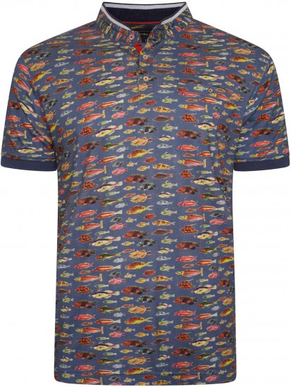 Kam Jeans 5743 Fish Print Jersey Grandad Top Indigo - Polokošile - Polokošile 2XL-8XL - Trička s límečkem 2XL-8XL