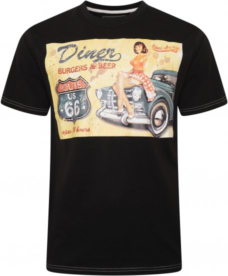 Kam Jeans 5751 Distressed Diners Print T-Shirt Black - Trička - Trička nadměrné velikosti - 2XL-14XL