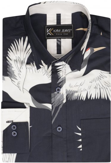 Kam Jeans 6059 LS Bird Print Shirt Navy - Košile - Košile 2XL-10XL