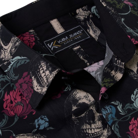 Kam Jean 6074 Košile s Krátkým Rukávem s Potiskem Lebek Černá - Košile - Košile 2XL-10XL