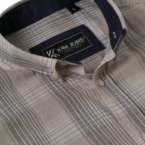 Kam Jeans 6382 Kostkovaná Košile s Krátkým Rukávem s Texturou Béžová - Košile - Košile 2XL-10XL