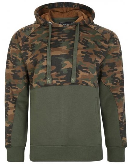 Kam Jeans 7036B Camo Pannelled Over The Head Hoody Khaki - Mikiny & mikiny s kapucí - Mikiny & Mikiny s kapucí 2XL-12XL