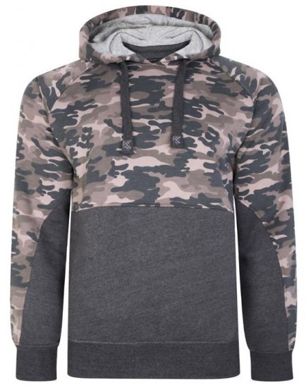 Kam Jeans 7036B Camo Pannelled Over The Head Hoody Charcoal - Mikiny & mikiny s kapucí - Mikiny & Mikiny s kapucí 2XL-12XL