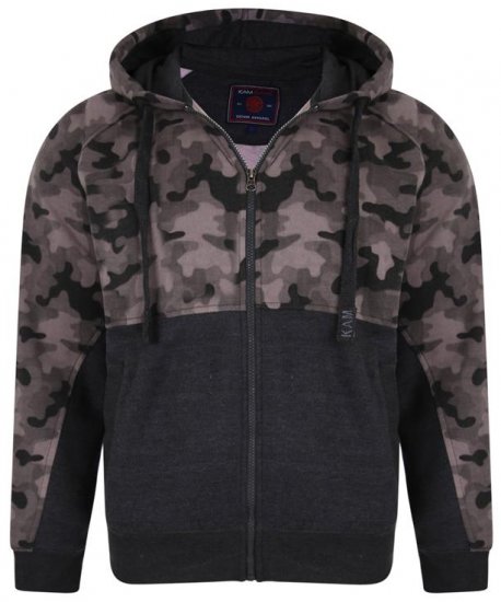 Kam Jeans 7036 Camo Print Full Zipper Hoodie Charcoal - Mikiny & mikiny s kapucí - Mikiny & Mikiny s kapucí 2XL-12XL