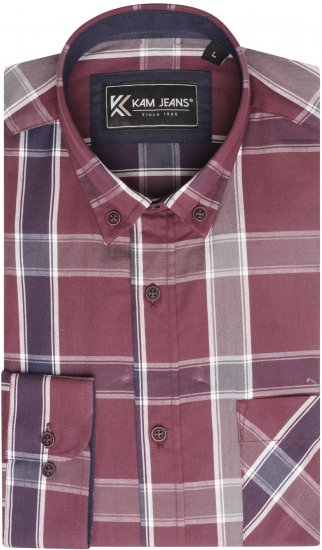 Kam Jeans P038 LS Premium Cotton Check Shirt Wine - Košile - Košile 2XL-10XL