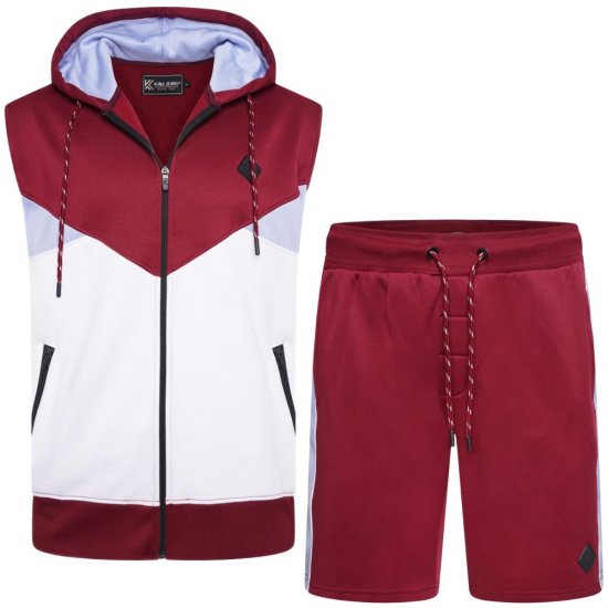 Kam Jeans TS006 Retro Pannelled Tracky Set (Shorts/Sleeveless Hoodie) Red - Teplákové soupravy - Teplákové soupravy nadměrné velikosti
