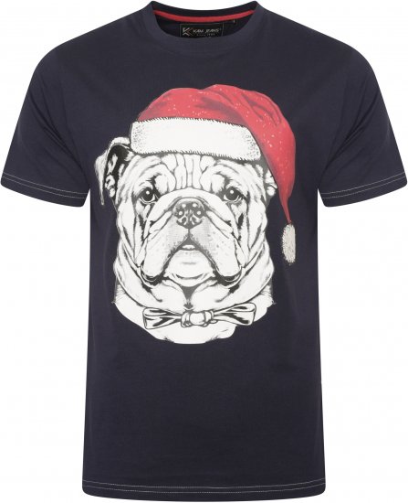 Kam Jeans X027 Bulldog Santa Xmas Print T-Shirt Navy - Trička - Trička nadměrné velikosti - 2XL-14XL