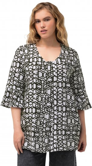 Ulla Popken Geometric Print Trumpet Sleeve Tee Black - Potištěná trička pro ženy - 