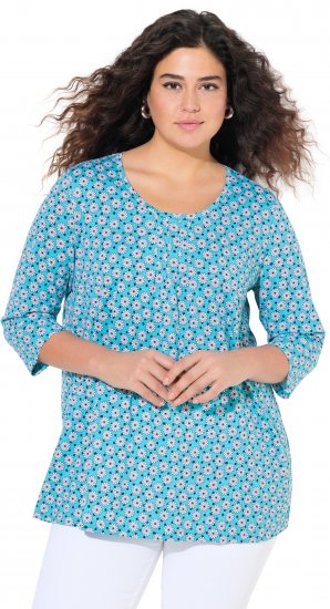 Ulla Popken Flower Print 3/4 Sleeve A-Line Tee Deep Aqua - Potištěná trička pro ženy - 