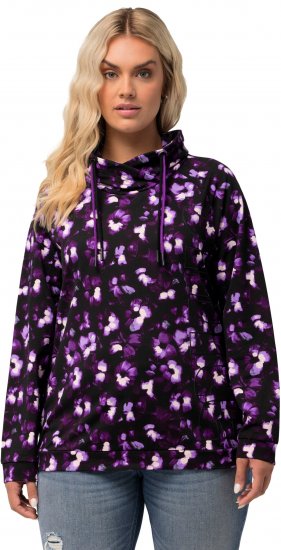 Ulla Popken Floral Print Drawstring Collar Hoodie Black - Mikiny & mikiny s kapucí - 