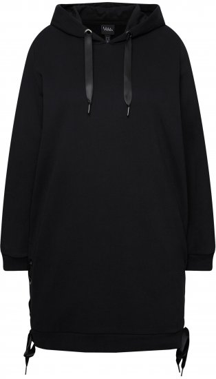 Ulla Popken Longline Lace Up Hoodie Black - Mikiny & mikiny s kapucí - 