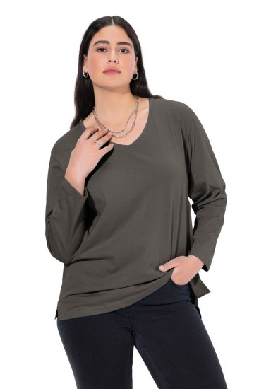 Ulla Popken Back To Basics V-Neck Relaxed Fit Cotton Tee Graphite Grey - Trička - Dámská trička ve velkých velikostech