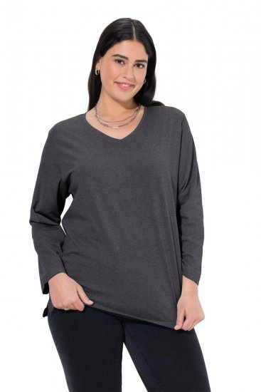 Ulla Popken Back To Basics V-Neck Relaxed Fit Cotton Tee Charcoal Grey Melange - Trička - Dámská trička ve velkých velikostech