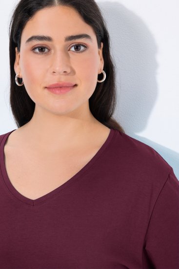 Ulla Popken Back To Basics V-Neck Relaxed Fit Cotton Tee Dark Berry - Trička - Dámská trička ve velkých velikostech
