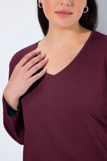 Ulla Popken Back To Basics V-Neck Relaxed Fit Cotton Tee Dark Berry - Trička - Dámská trička ve velkých velikostech