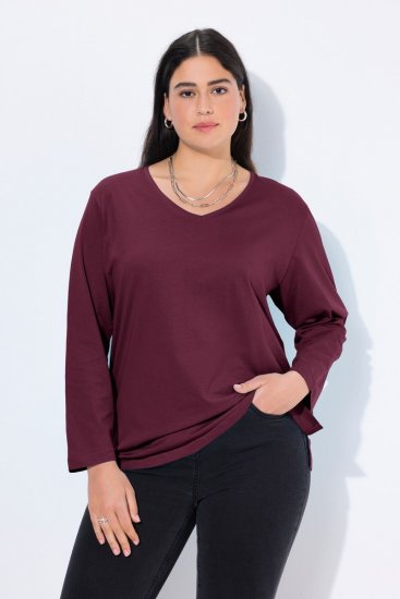 Ulla Popken Back To Basics V-Neck Relaxed Fit Cotton Tee Dark Berry - Trička - Dámská trička ve velkých velikostech