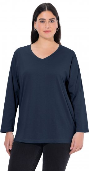 Ulla Popken Back To Basics V-Neck Relaxed Fit Cotton Tee Navy Blue - Trička - 