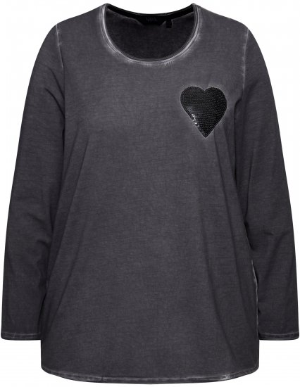 Ulla Popken Cold Dyed Sequined Heart Long Sleeve Tee Asphalt - Potištěná trička pro ženy - 