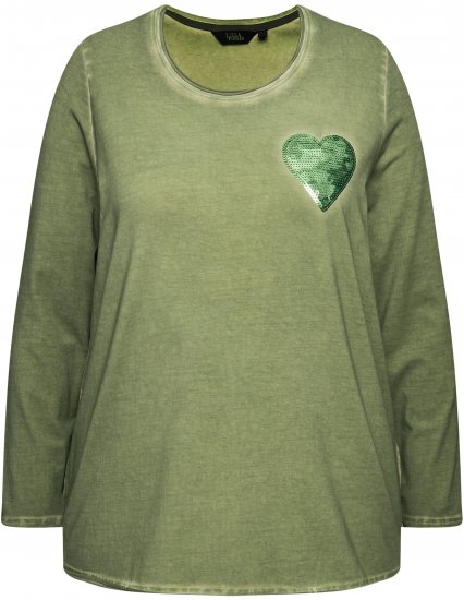 Ulla Popken Cold Dyed Sequined Heart Long Sleeve Tee Sage Green - Potištěná trička pro ženy - 