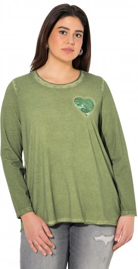 Ulla Popken Cold Dyed Sequined Heart Long Sleeve Tee Sage Green - Potištěná trička pro ženy - 