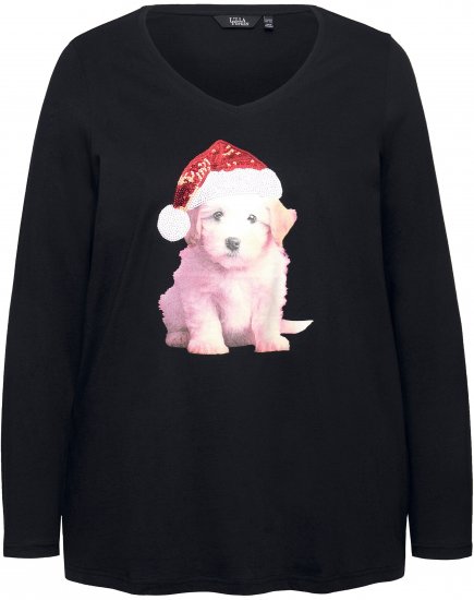 Ulla Popken Puppy Graphic Christmas Long Sleeve T-Shirt Black - Trička - 