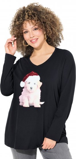 Ulla Popken Puppy Graphic Christmas Long Sleeve T-Shirt Black - Trička - 