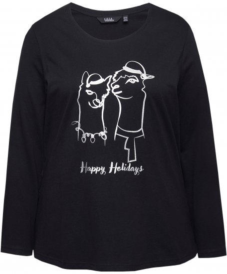 Ulla Popken Metallic Graphic Holiday Tee Black - Potištěná trička pro ženy - 