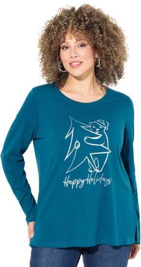 Ulla Popken Metallic Graphic Holiday Tee Teal - Potištěná trička pro ženy - 
