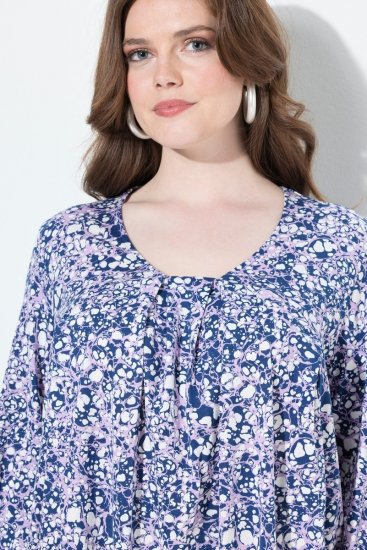 Ulla Popken Allover Printed Pleated Long Sleeve Tee Dark Blue - Potištěná trička pro ženy - Dámská trička s potiskem