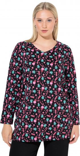 Ulla Popken Peppermint Tree V-Neck Holiday Cotton Long Sleeve Knit Tunic Black - Potištěná trička pro ženy - 