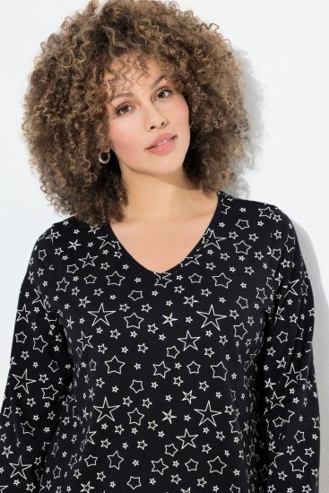 Ulla Popken Allover Printed Long Sleeve Tee Black - Potištěná trička pro ženy - Dámská trička s potiskem