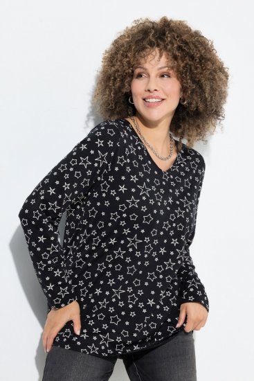 Ulla Popken Allover Printed Long Sleeve Tee Black - Potištěná trička pro ženy - Dámská trička s potiskem