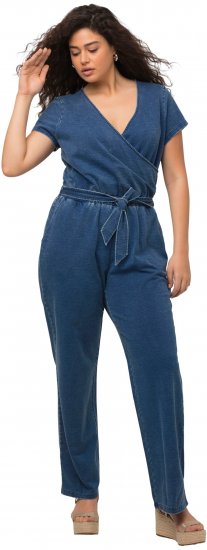 Ulla Popken Wrap Look Short Sleeve Denim Jumpsuit Blue - Džíny & Kalhoty ve Velkých Velikostech – Plus Size - 