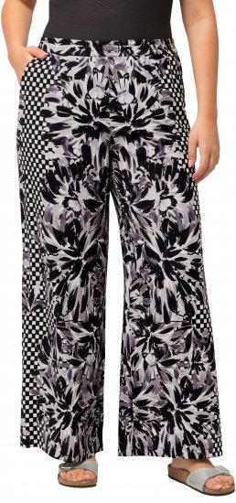 Ulla Popken Checkered Floral Elastic Waist Palazzo Paints Black - Džíny & Kalhoty ve Velkých Velikostech – Plus Size - 