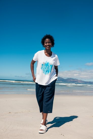 Ulla Popken Cropped Linen Blend Elastic Waist Pants Navy - Džíny & Kalhoty ve Velkých Velikostech – Plus Size - 