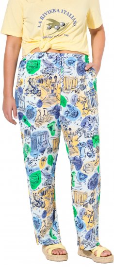 Ulla Popken Italy Print Elastic Waist Pants White - Džíny & Kalhoty ve Velkých Velikostech – Plus Size - 