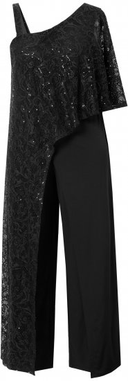Ulla Popken Asymmetric Lace Panel Jumpsuit Black - Džíny & Kalhoty ve Velkých Velikostech – Plus Size - 