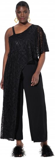 Ulla Popken Asymmetric Lace Panel Jumpsuit Black - Džíny & Kalhoty ve Velkých Velikostech – Plus Size - 