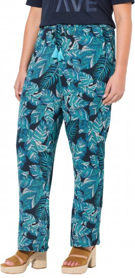 Ulla Popken Tropical Leaf Print Elastic Waist Pants Blue - Džíny & Kalhoty ve Velkých Velikostech – Plus Size - 