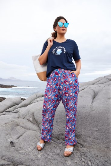 Ulla Popken Seashell Print Elastic Waist Pants Blue - Džíny & Kalhoty ve Velkých Velikostech – Plus Size - 