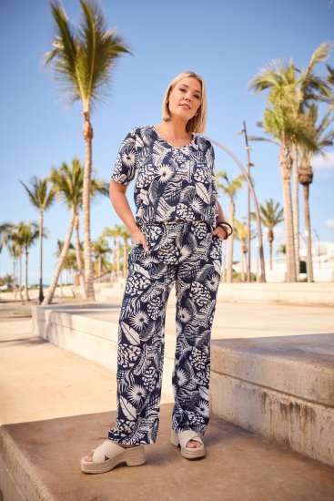Ulla Popken Feather Print Elastic Waist Pants Blue - Džíny & Kalhoty ve Velkých Velikostech – Plus Size - 
