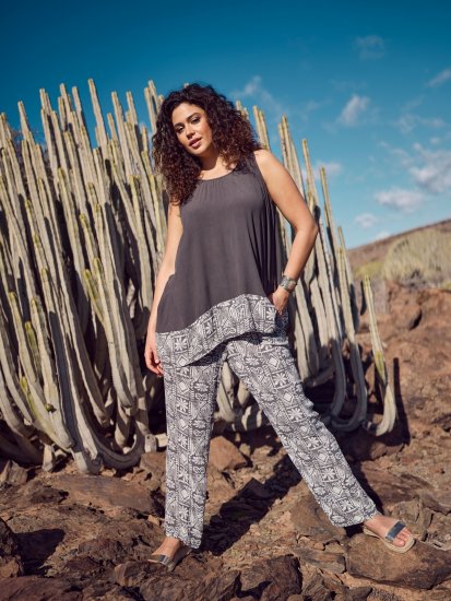 Ulla Popken Mosaic Print Elastic Waist Pants Black - Džíny & Kalhoty ve Velkých Velikostech – Plus Size - 